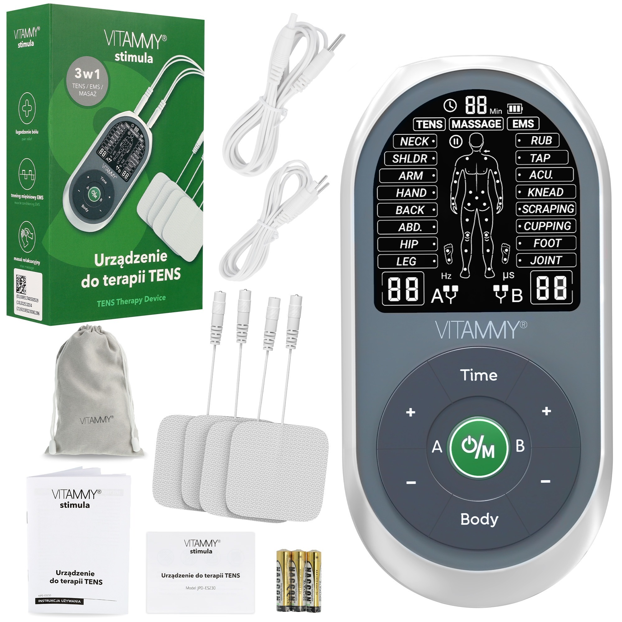 VITAMMY STIMULA Elektrostimulátor svalov, terapia TENS EMS a masáž 3 v 1 + 4 elektródy