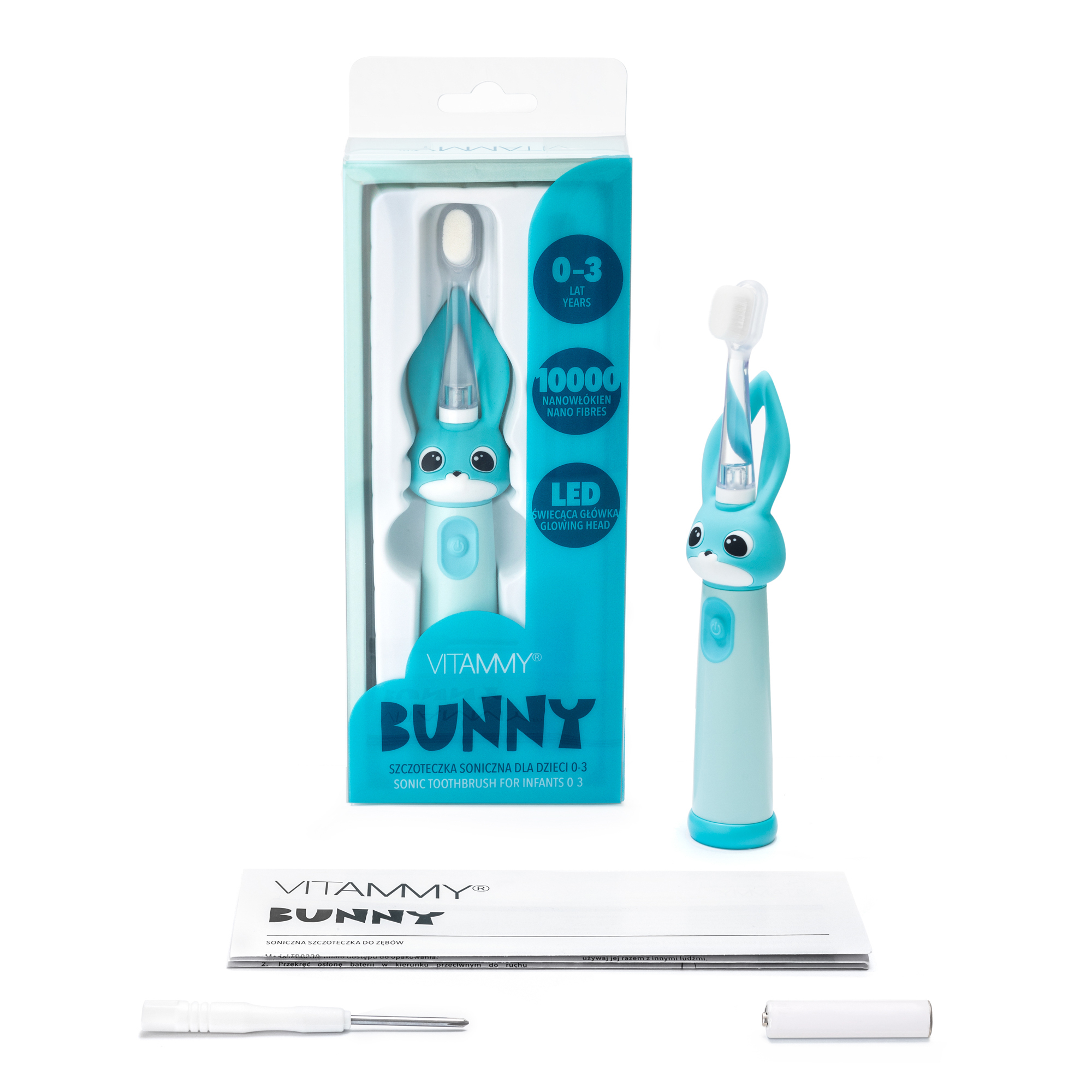 VITAMMY Bunny Sonická zubná kefka pre deti s LED svetlom a nanovláknami, 0-3 roky, blankyt