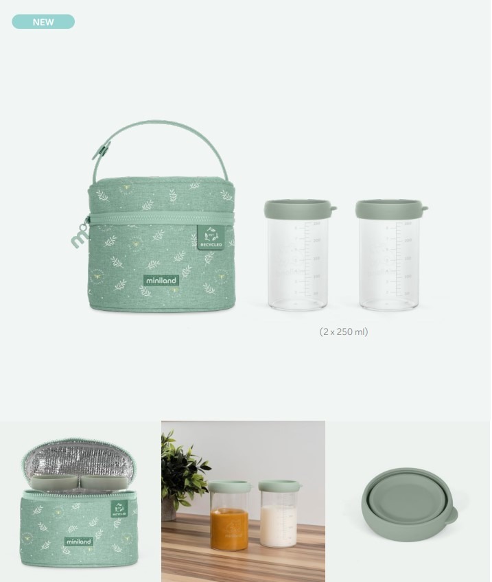Miniland ECO-friendly Sklenené nádoby 2x250 ml s izotermickou taškou, Žabka
