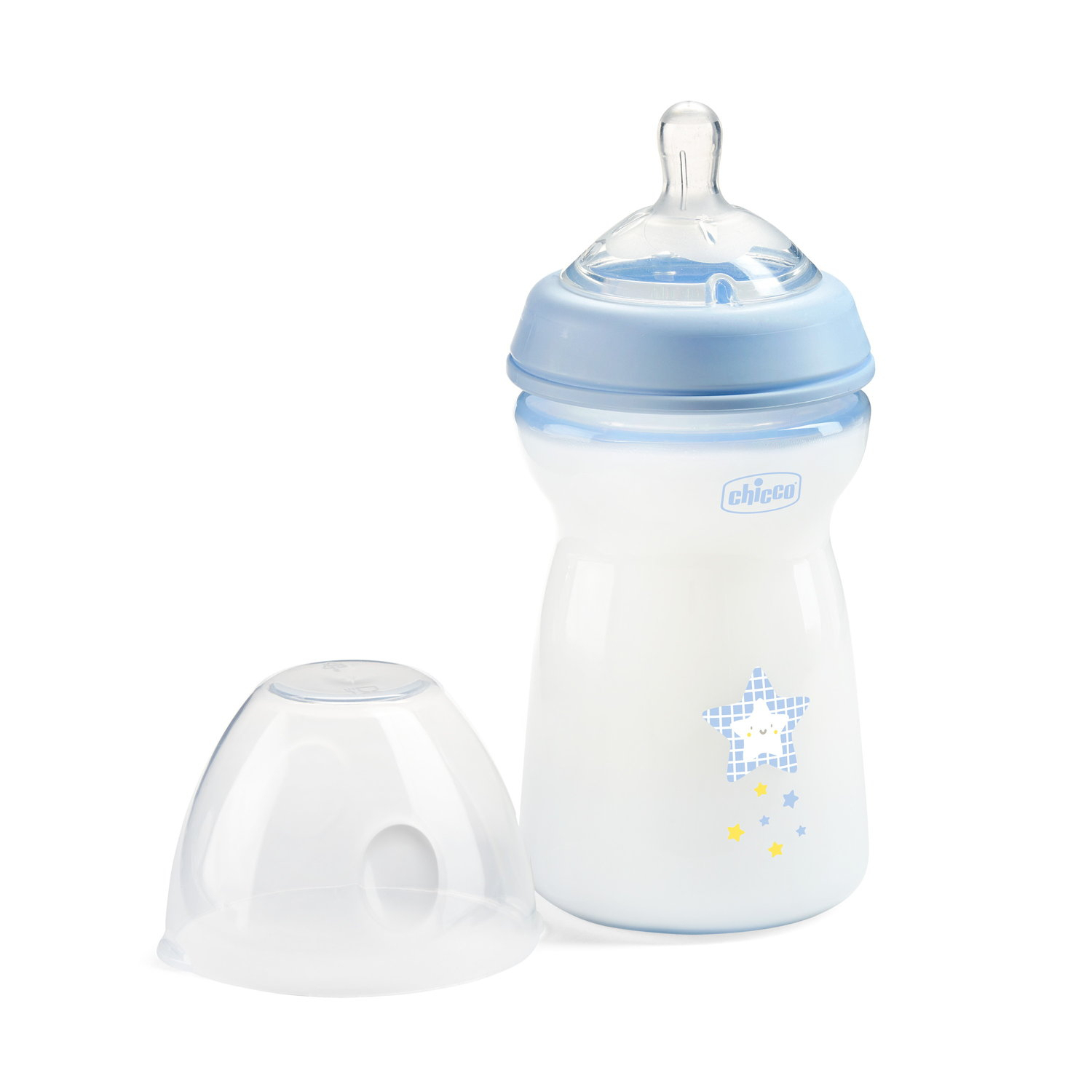 Chicco Naturalfeeling Plastová fľaša 330ml, silikónový cumel, rýchly prietok 6+, modrá