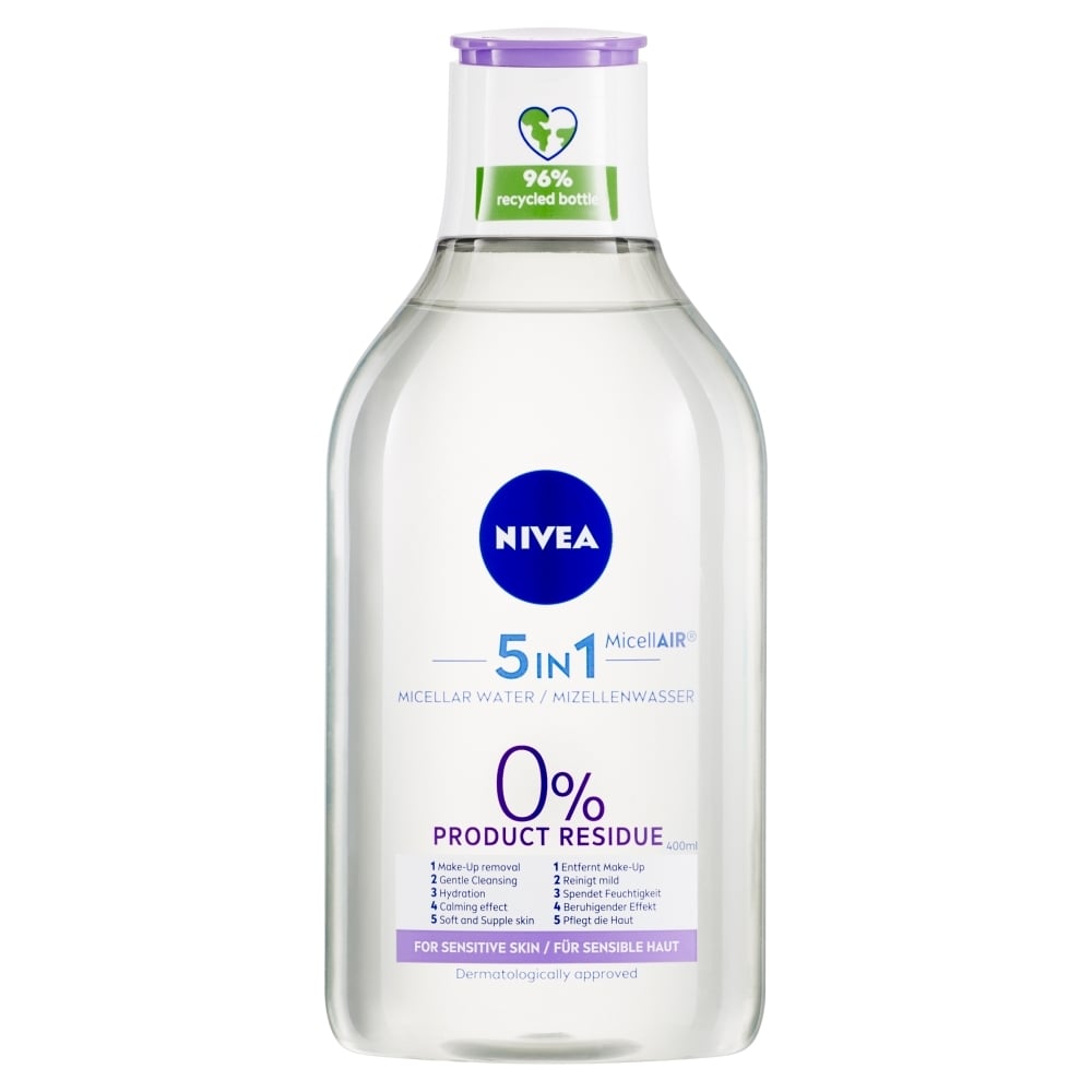 NIVEA MicellAir 5v1 Upokojujúca micelárna voda bez parfumu pre citlivú pleť, 400 ml