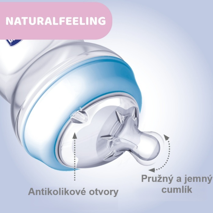 Chicco Naturalfeeling Plastová fľaša 150ml, silikónový cumel, pomalý prietok 0+, modrá