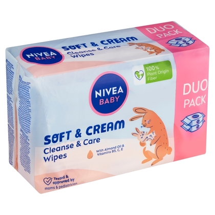 NIVEA Baby Soft &amp; Cream Tisztító és ápoló törlőkendők 2 x 57 db