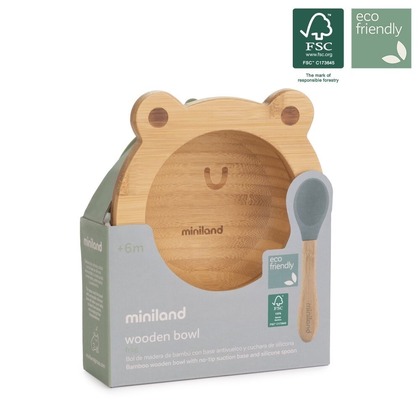 Miniland ECO-frienly Miska s lyžičkou z dreva,  Žabka