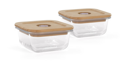 Miniland ECO-friendly Skleněné čtvercové nádoby 2x210 ml s izotermickou taškou, Ptáček