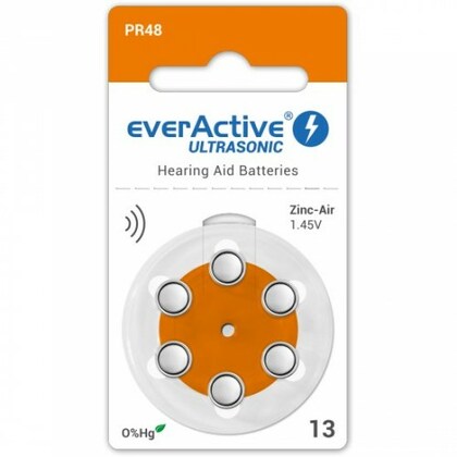 everActive Ultrasonic 1,45 V Csereelemek hallókészülékekhez, 13-as méret, 6 db