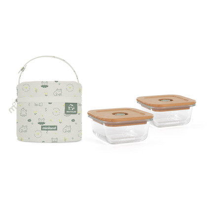 Miniland ECO-friendly Skleněné čtvercové nádoby 2x210 ml s izotermickou taškou, Žabka
