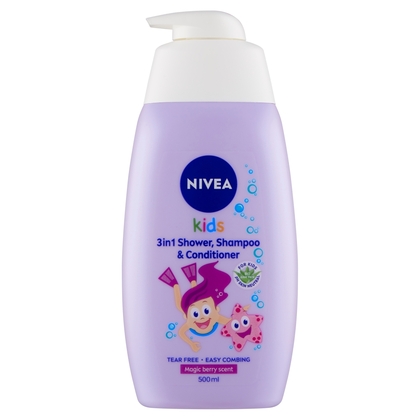 NIVEA Kids Magic Berry Scent gyermek tusfürdő, sampon és balzsam 3 az 1-ben 500 ml