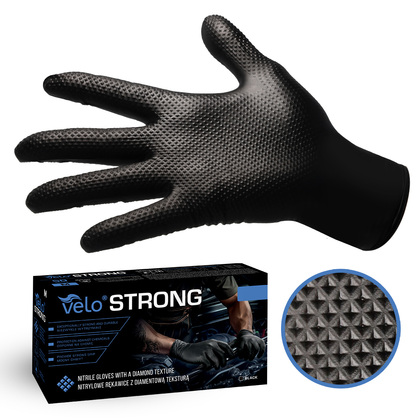 VELO STRONG GRIP Pevné nitrilové pracovné rukavice s pevným úchopom, veľ. L, čierne, 50ks