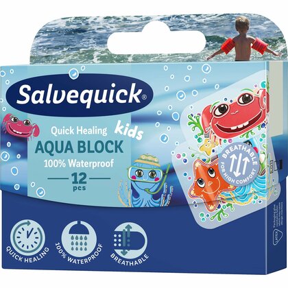 Salvequick Aqua Block Kids Náplasť urýchľujúca hojenie pre deti, vodeodolná, 12 ks